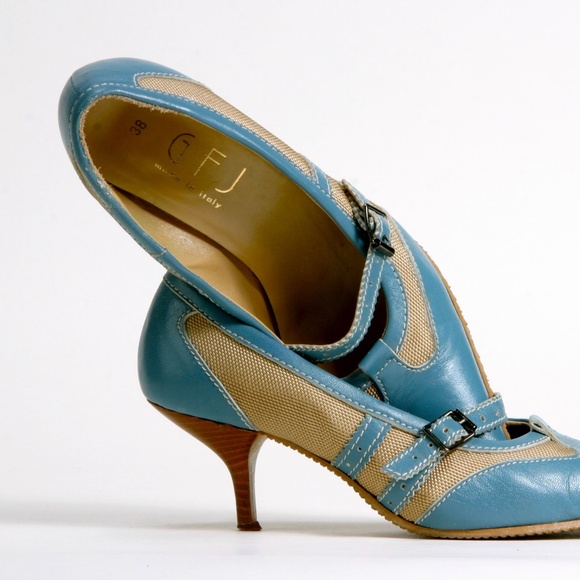 Blue and Tan Avant Gard GFJ  Italian High Heels - Sz 38 EU or 7.5 US - Picture 9 of 16